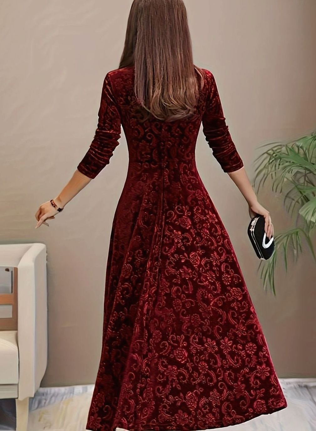 Women's Square Neck Velvet Embossed Floral A-Line Party Dress