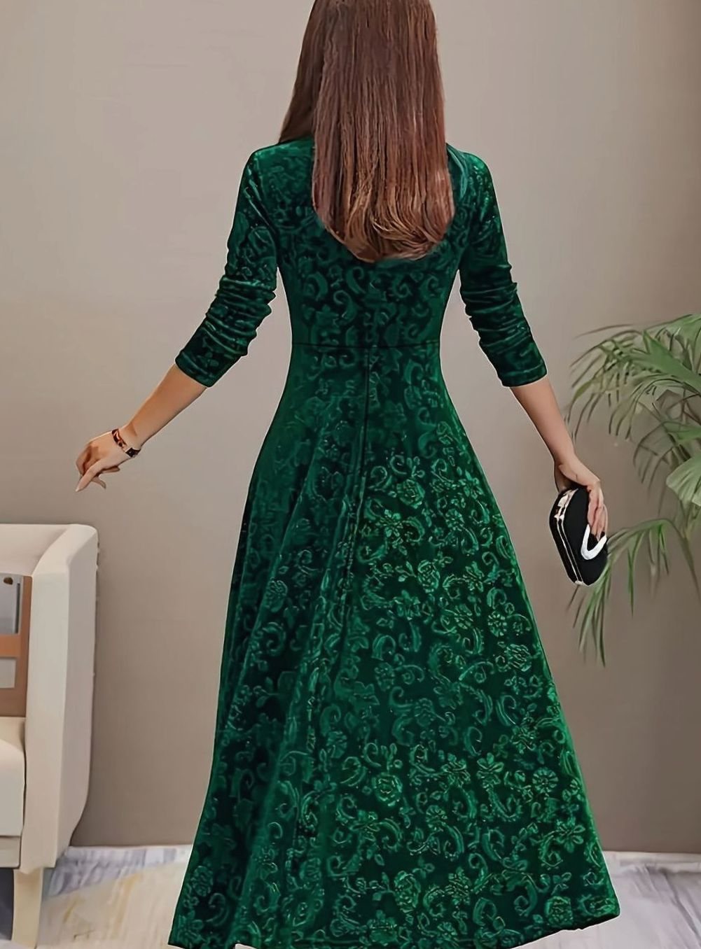 Women's Square Neck Velvet Embossed Floral A-Line Party Dress