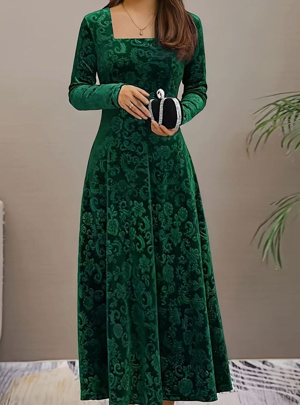Women's Square Neck Velvet Embossed Floral A-Line Party Dress - Green
