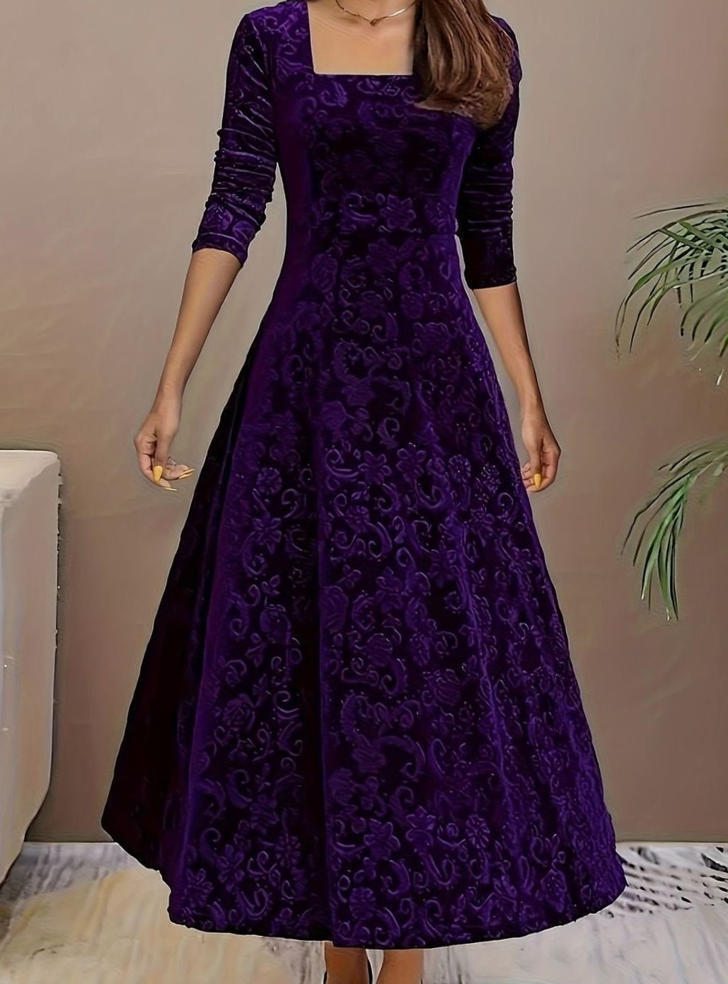 Women's Square Neck Velvet Embossed Floral A-Line Party Dress - Purple