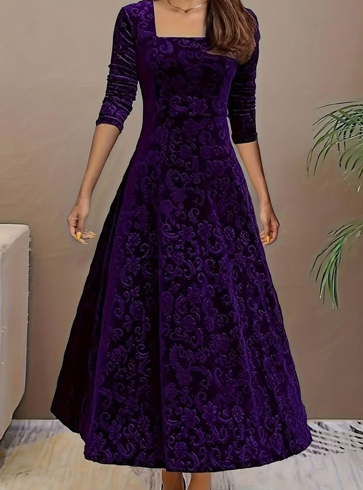 Women's Square Neck Velvet Embossed Floral A-Line Party Dress - Purple