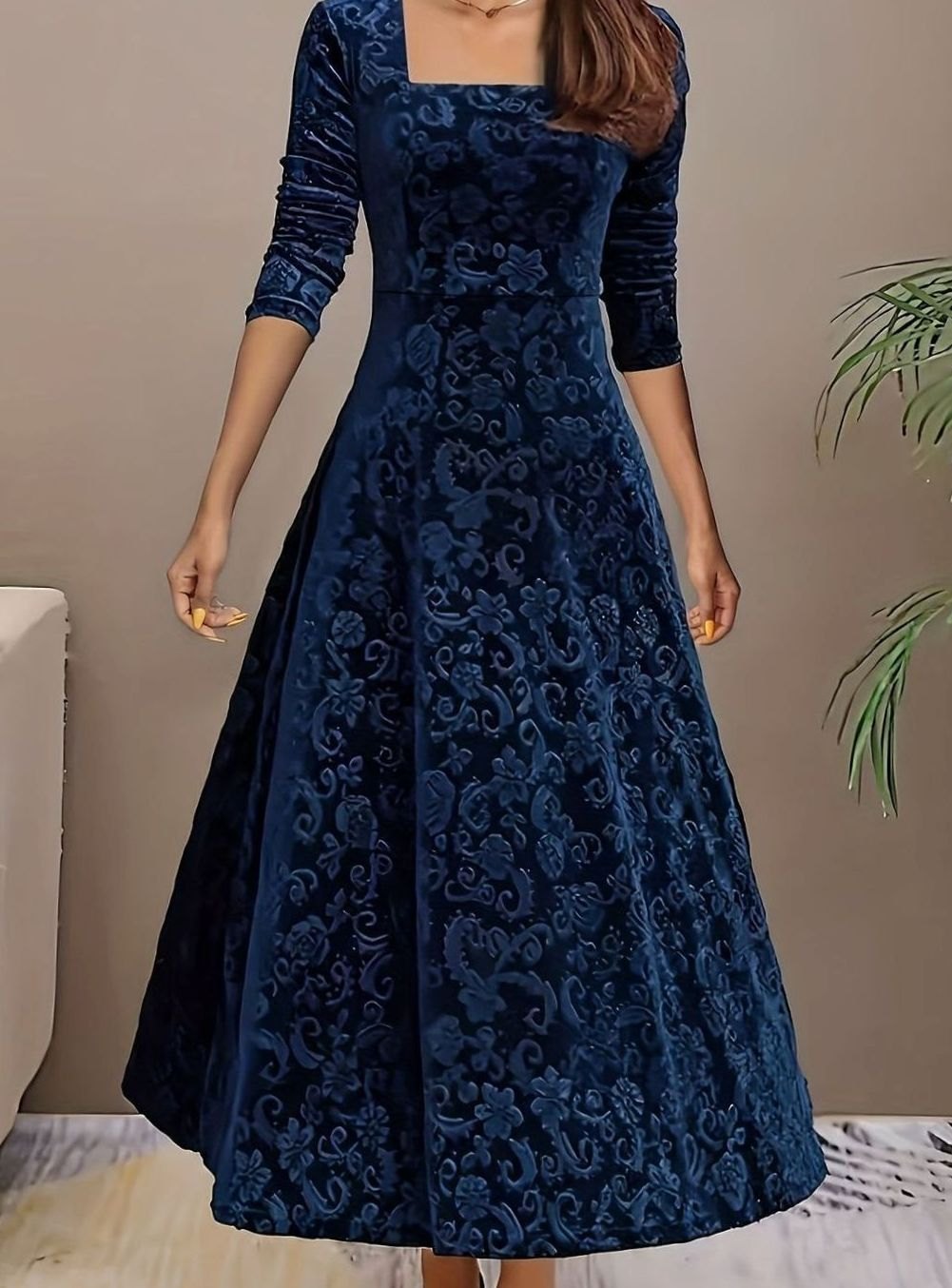 Women's Square Neck Velvet Embossed Floral A-Line Party Dress - Blue