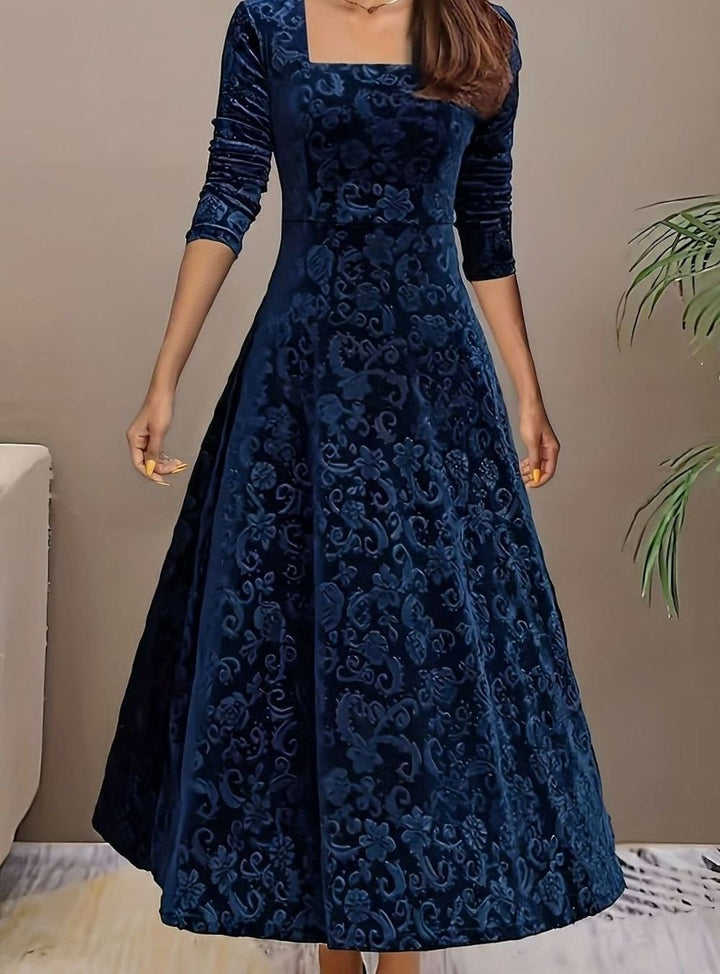 Women's Square Neck Velvet Embossed Floral A-Line Party Dress - Blue