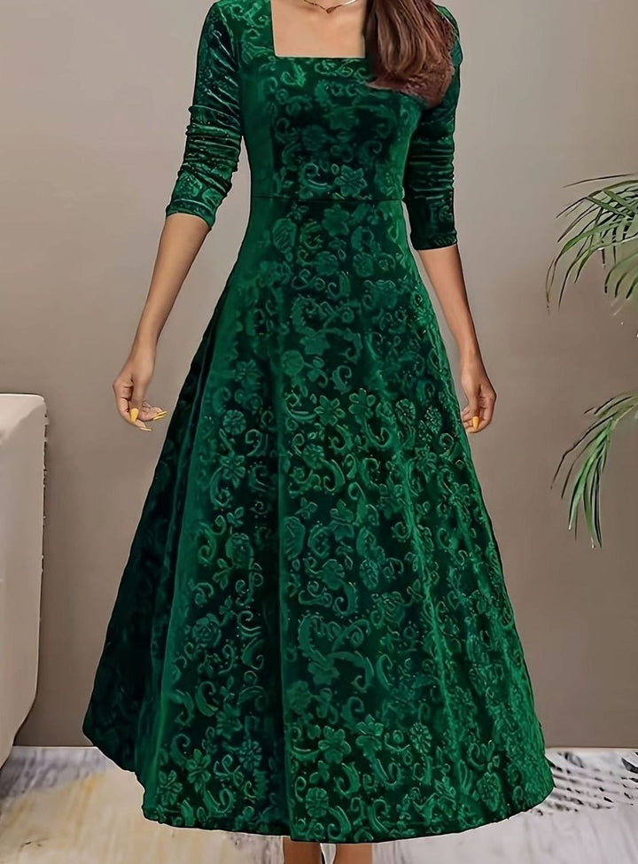 Women's Square Neck Velvet Embossed Floral A-Line Party Dress
