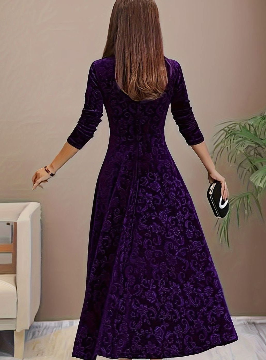 Women's Square Neck Velvet Embossed Floral A-Line Party Dress