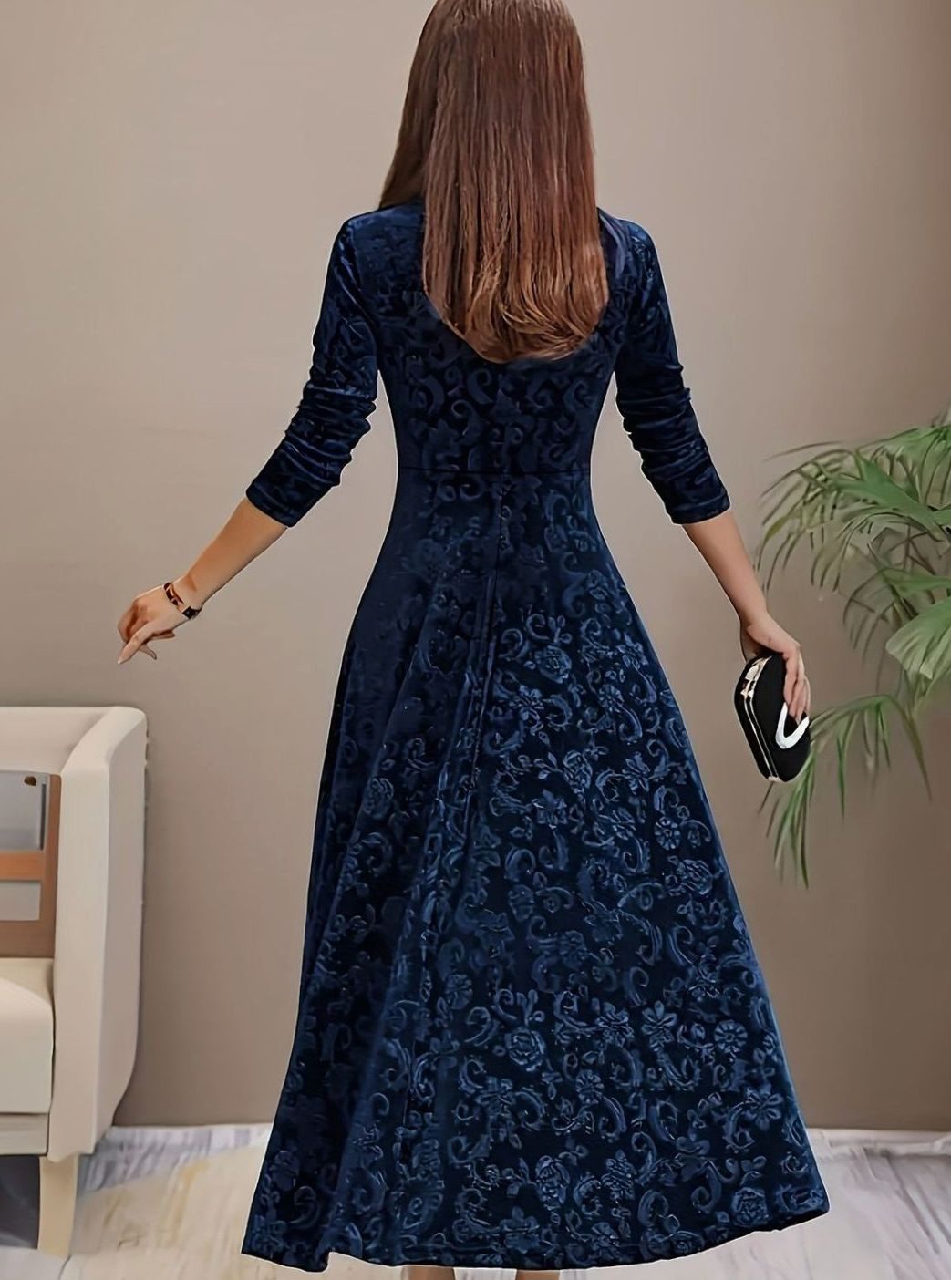 Women's Square Neck Velvet Embossed Floral A-Line Party Dress
