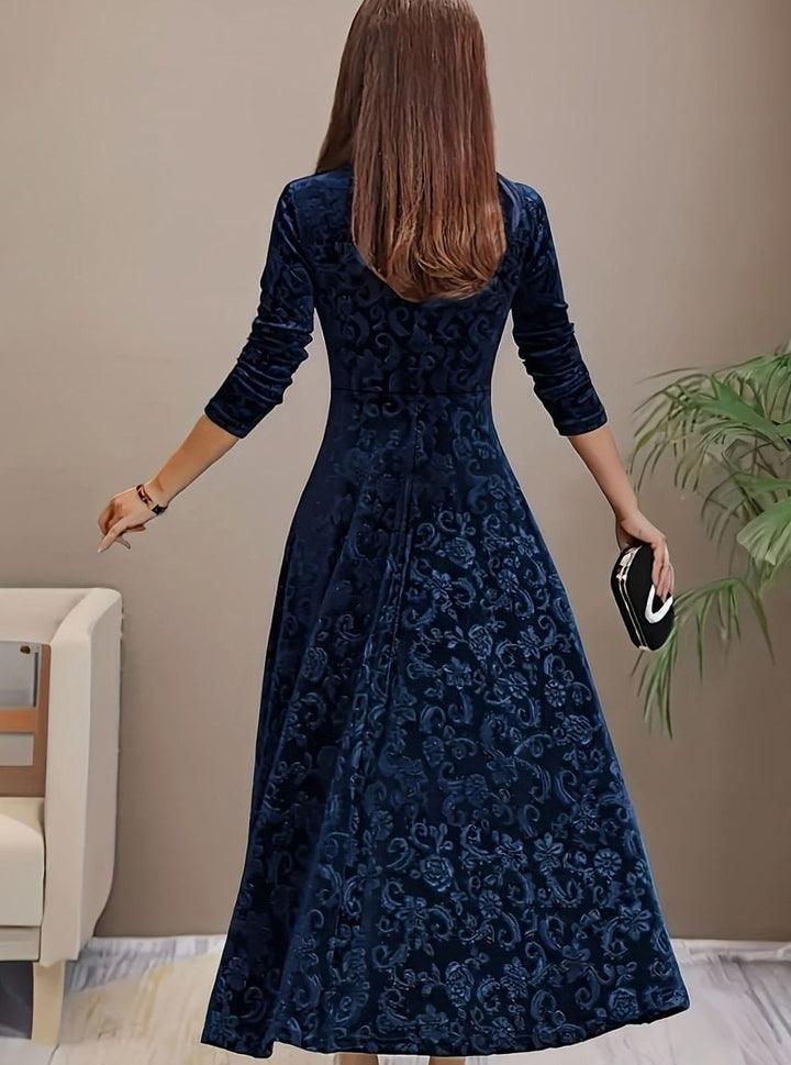 Women's Square Neck Velvet Embossed Floral A-Line Party Dress