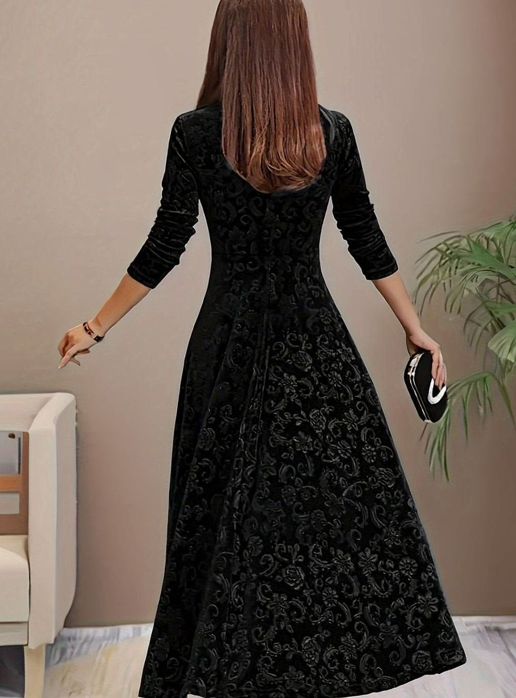 Women's Square Neck Velvet Embossed Floral A-Line Party Dress