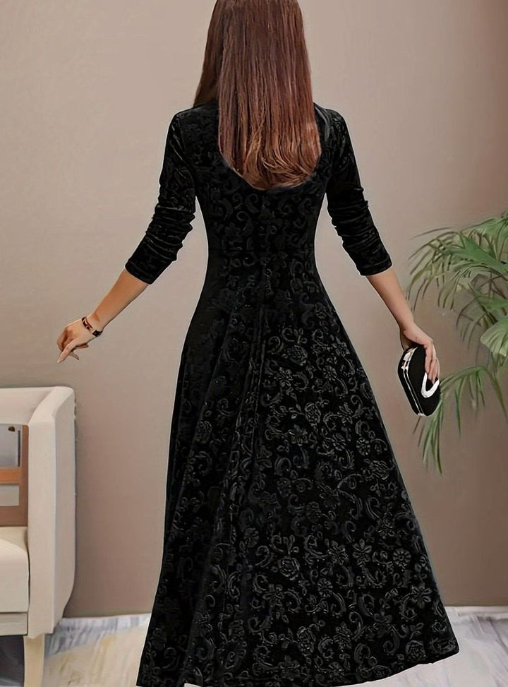 Women's Square Neck Velvet Embossed Floral A-Line Party Dress