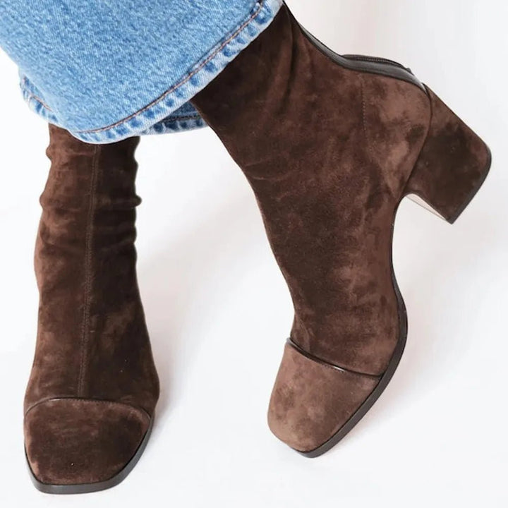 Women's Square-Toe Block-Heel Suede Mid-Calf Boots - Brown