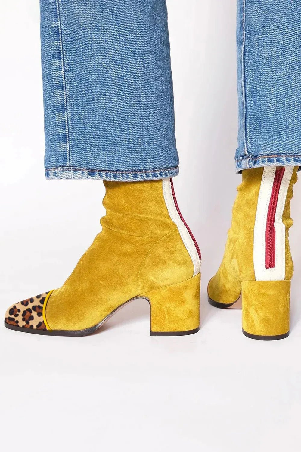 Women's Square-Toe Block-Heel Suede Mid-Calf Boots - Yellow