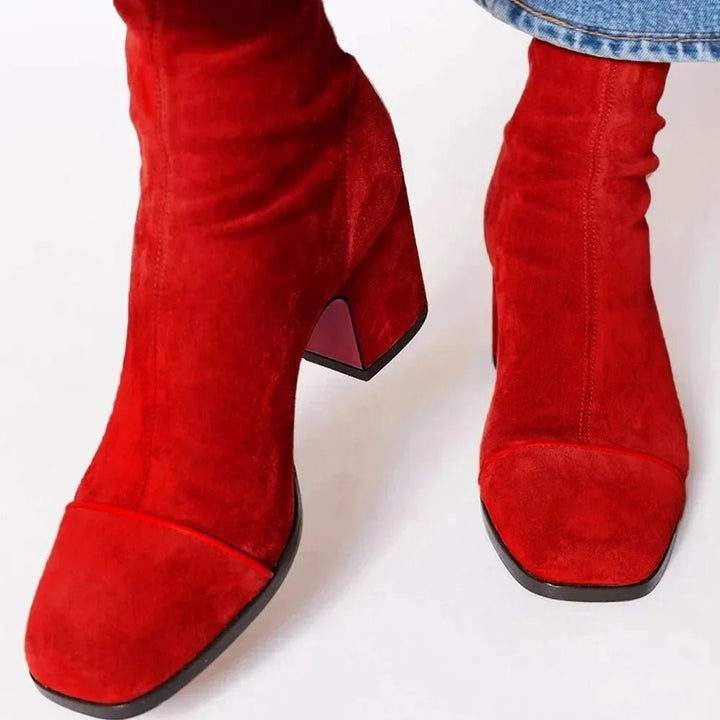 Women's Square-Toe Block-Heel Suede Mid-Calf Boots - Red
