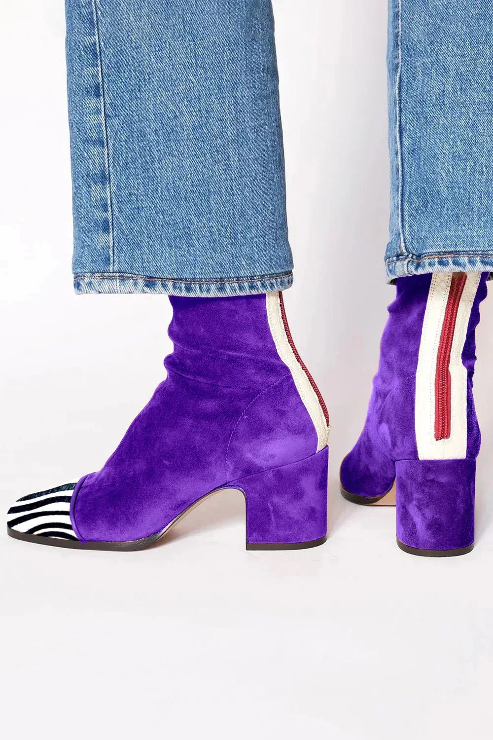 Women's Square-Toe Block-Heel Suede Mid-Calf Boots - Purple