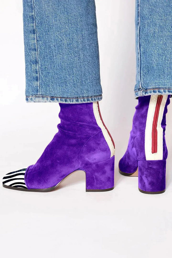 Women's Square-Toe Block-Heel Suede Mid-Calf Boots - Purple