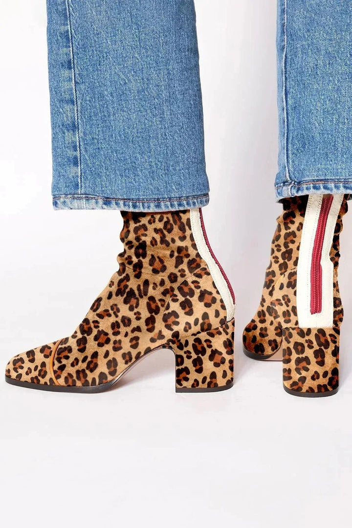 Women's Square-Toe Block-Heel Suede Mid-Calf Boots - Leopard-print
