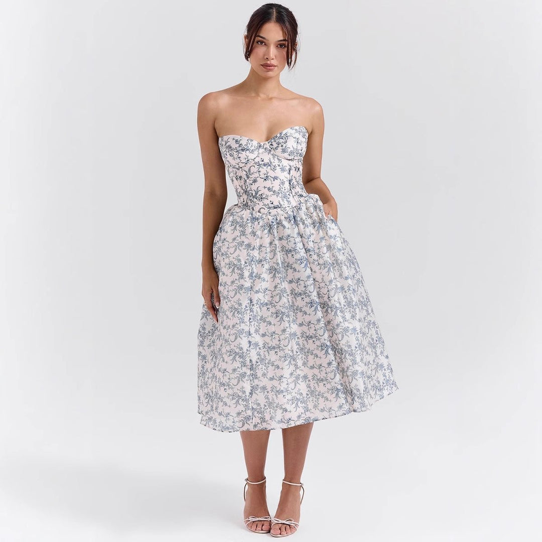 Women's Strapless Corset Bodice Pleated Midi Cocktail Dress - Rose