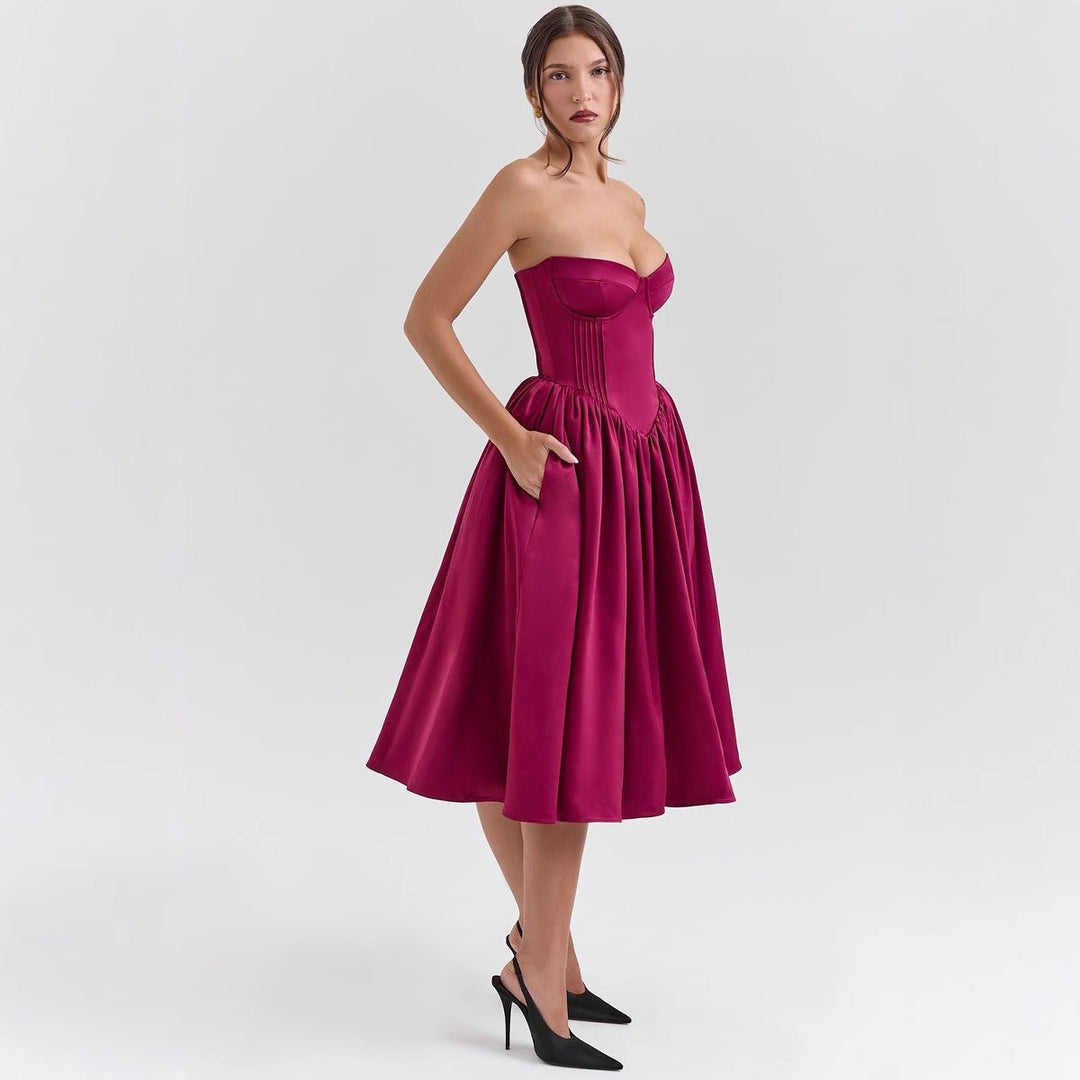 Women's Strapless Corset Bodice Pleated Midi Cocktail Dress - Magenta