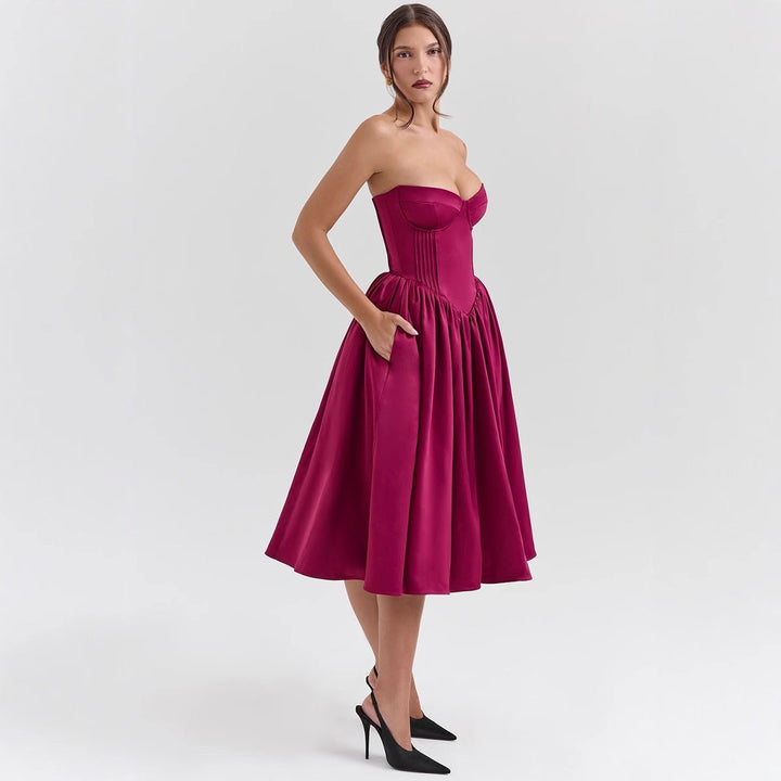 Women's Strapless Corset Bodice Pleated Midi Cocktail Dress - Magenta