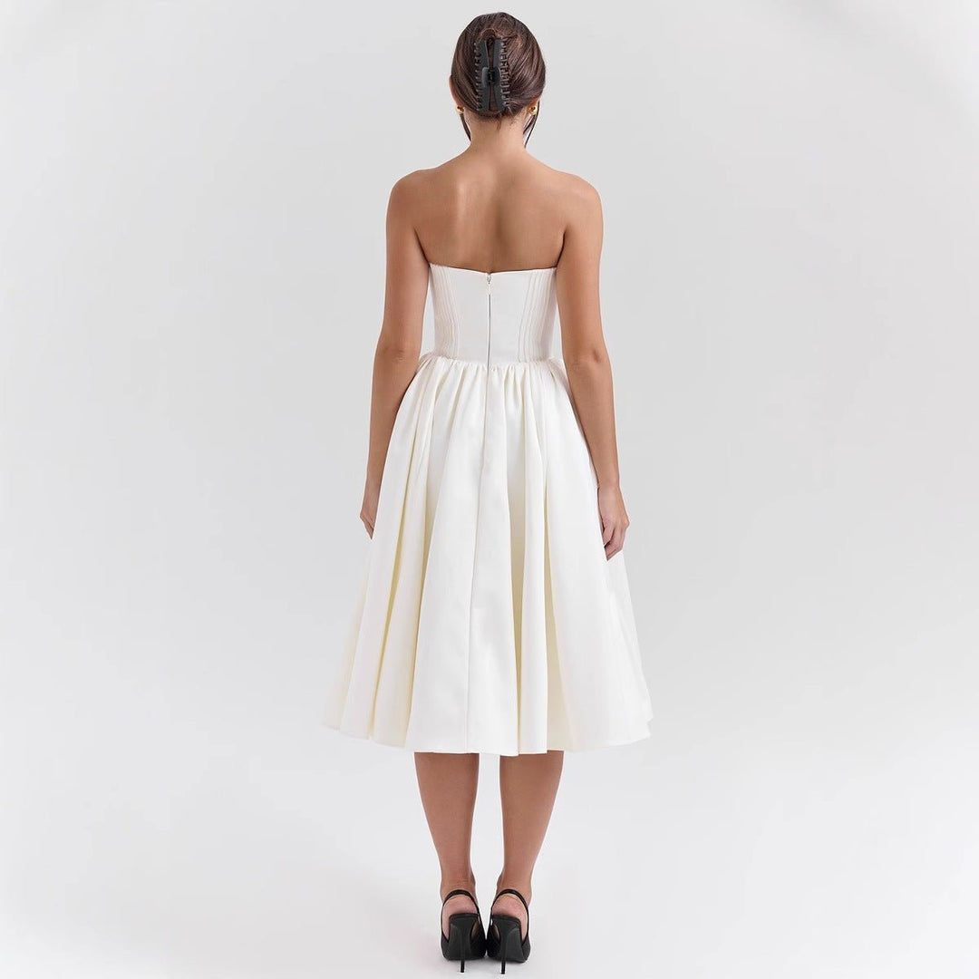 Women's Strapless Corset Bodice Pleated Midi Cocktail Dress