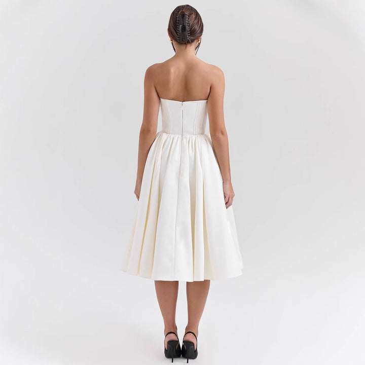 Women's Strapless Corset Bodice Pleated Midi Cocktail Dress