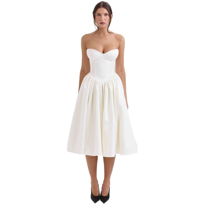 Women's Strapless Corset Bodice Pleated Midi Cocktail Dress