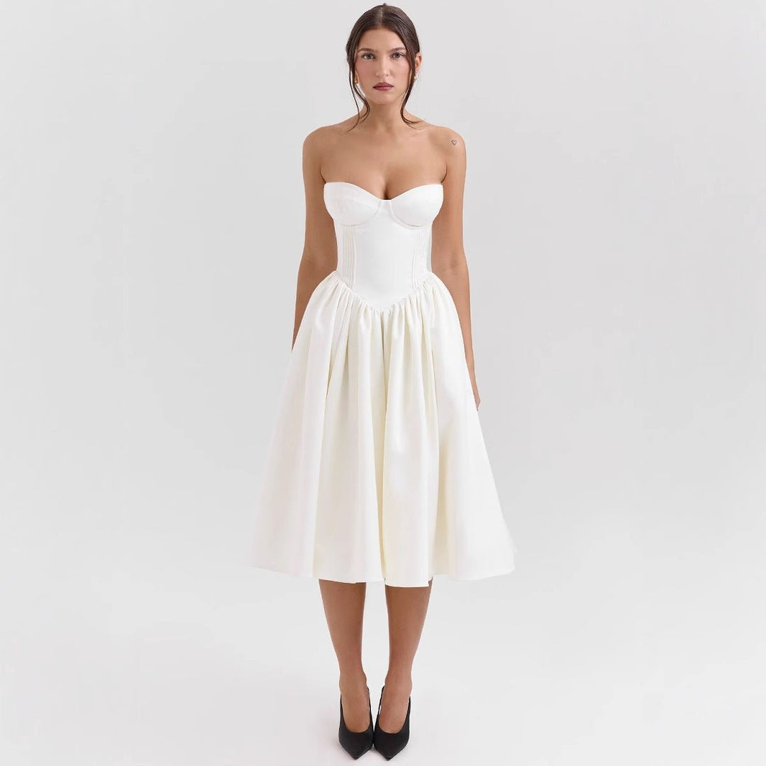 Women's Strapless Corset Bodice Pleated Midi Cocktail Dress - White