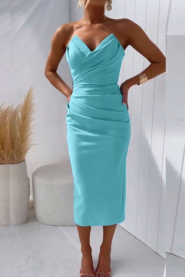 Women's Strapless Draped Fitted Midi Cocktail Dress - Turquoise