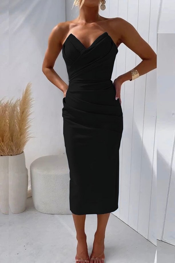 Women's Strapless Draped Fitted Midi Cocktail Dress - Black