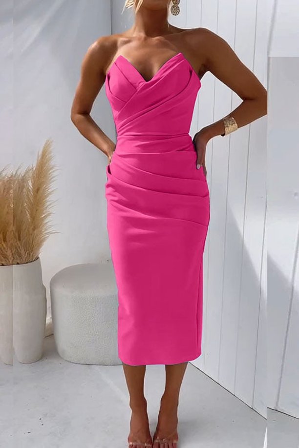 Women's Strapless Draped Fitted Midi Cocktail Dress - Rose