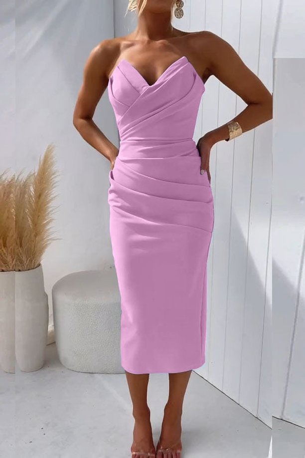Women's Strapless Draped Fitted Midi Cocktail Dress - Pink