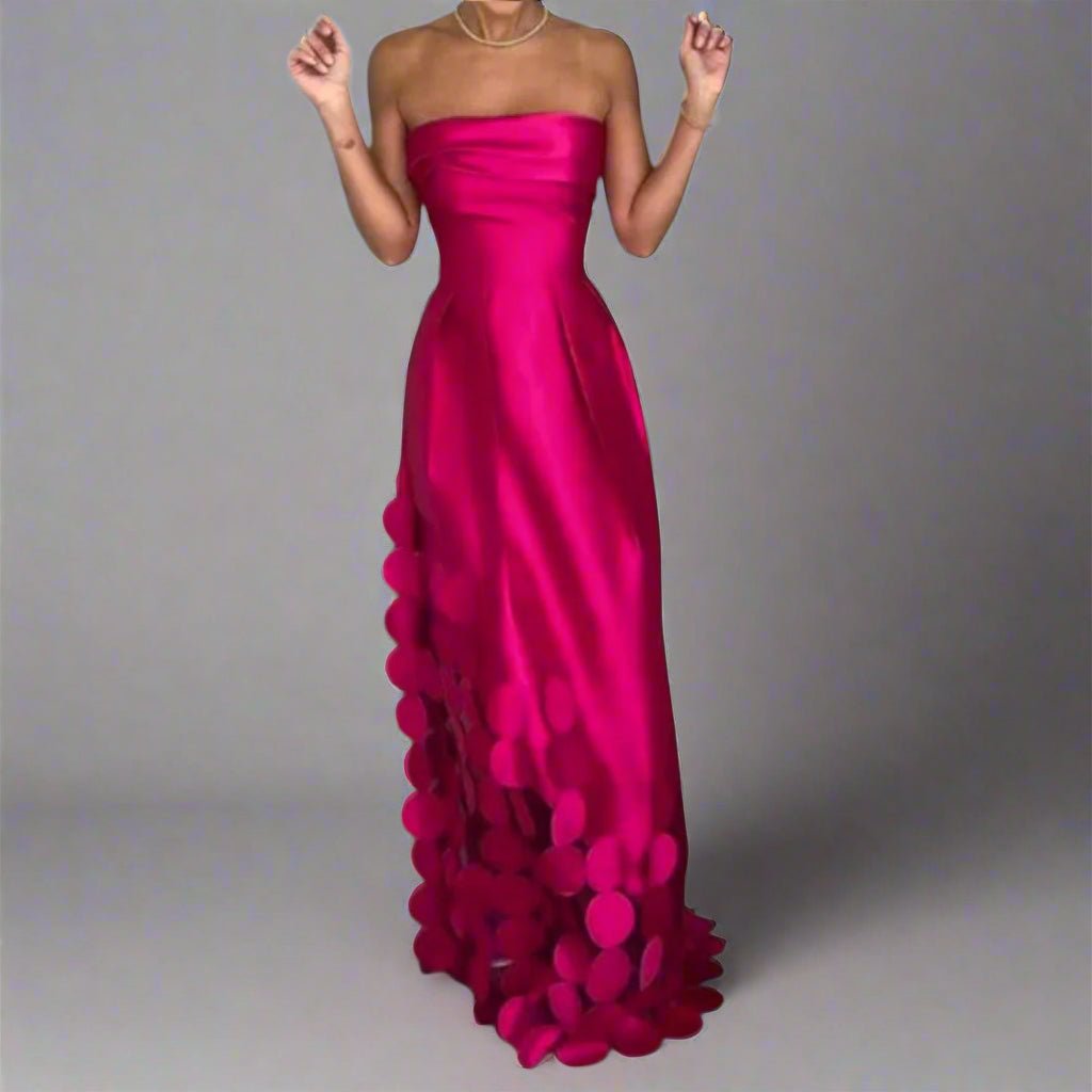 Women's Strapless Fitted Satin Maxi Dress Circular Hem Detail