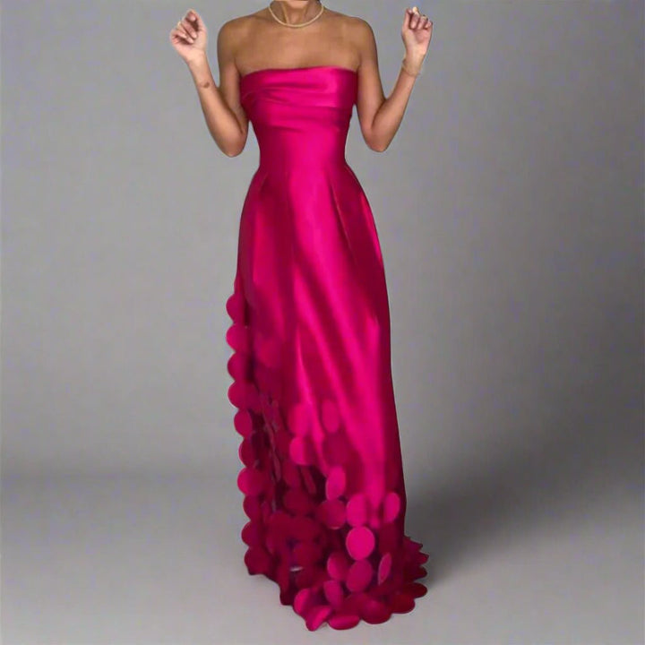 Women's Strapless Fitted Satin Maxi Dress Circular Hem Detail