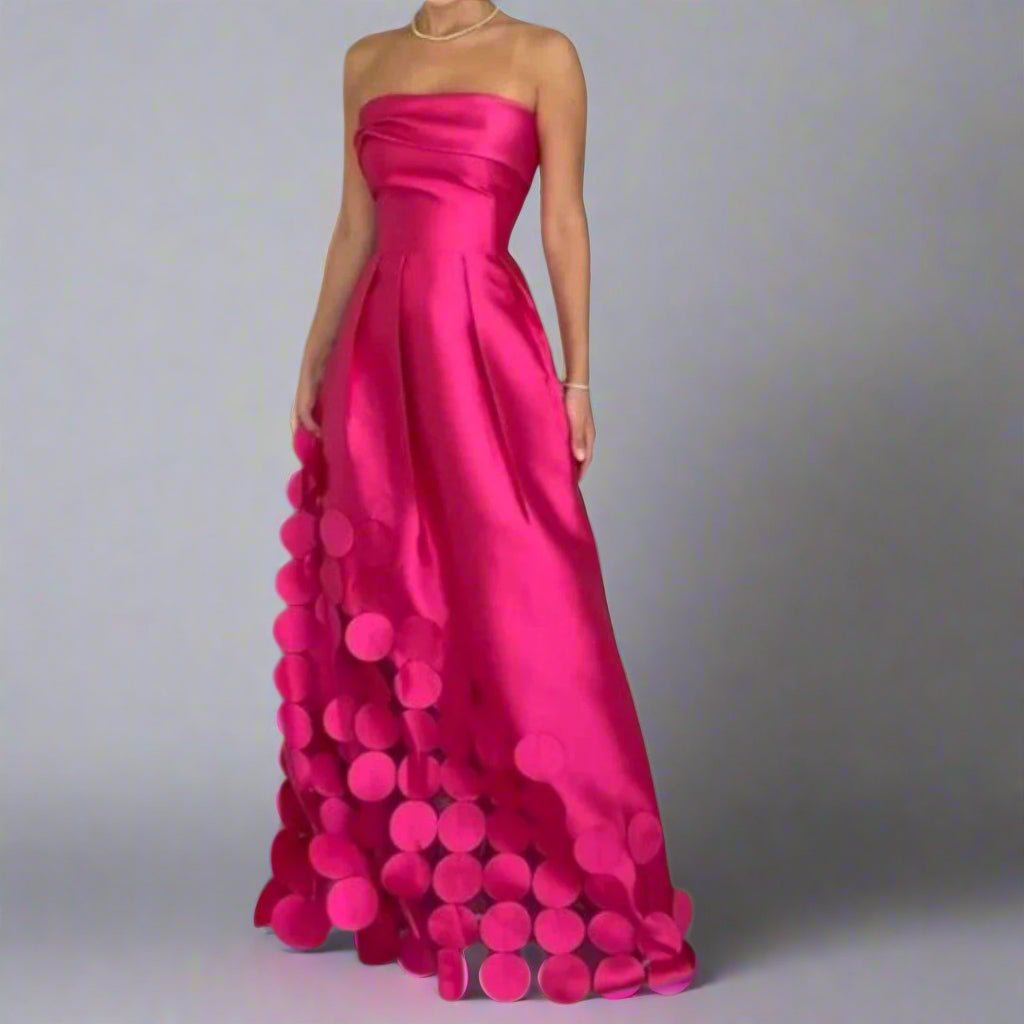 Women's Strapless Fitted Satin Maxi Dress Circular Hem Detail - Pink