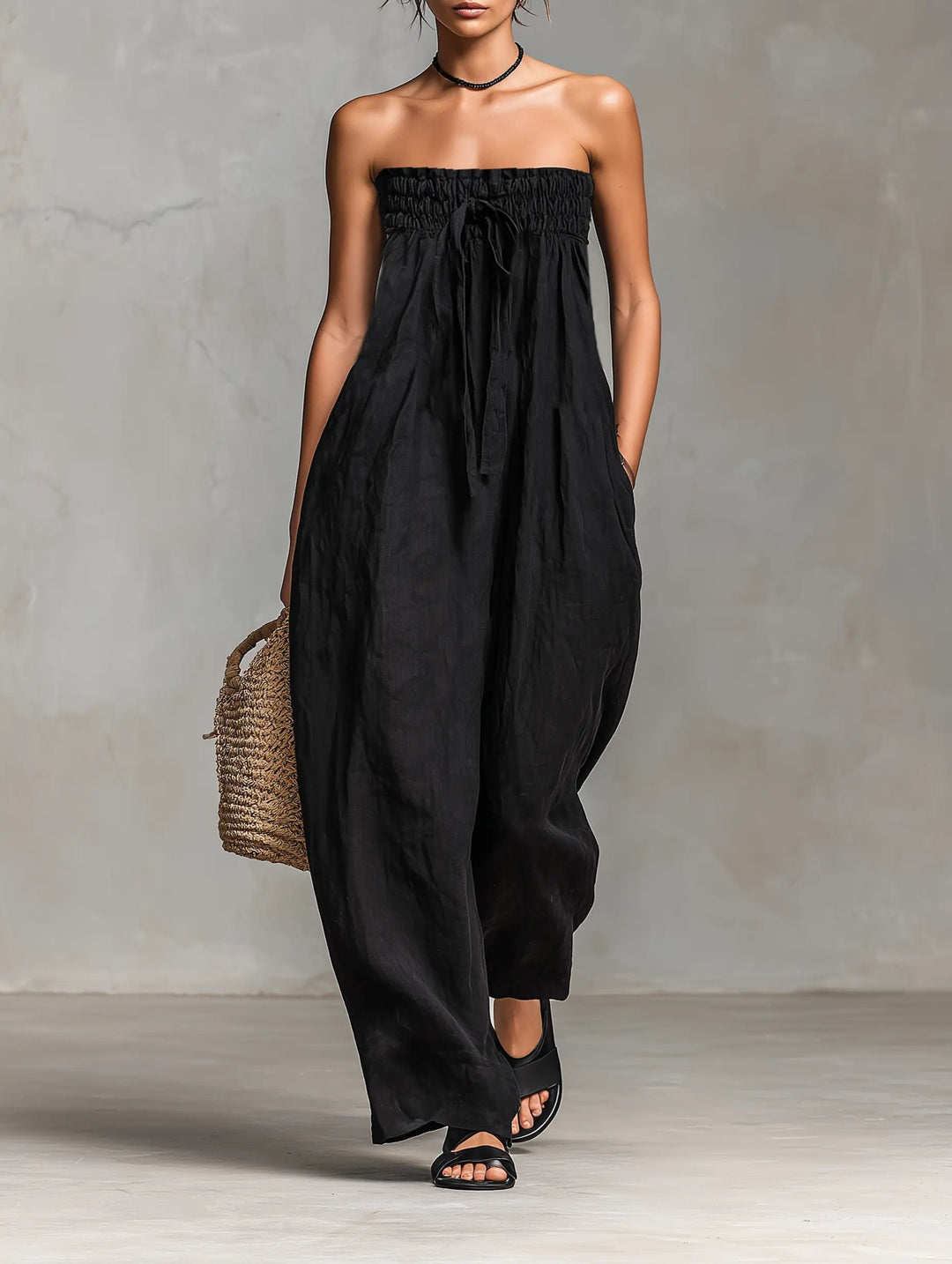 Women's Strapless Loose-Fit Linen Blend Wide-Leg Jumpsuit - Black