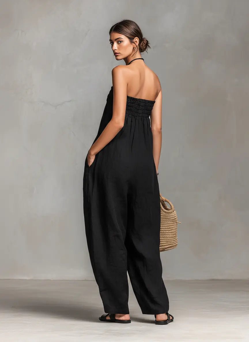 Women's Strapless Loose-Fit Linen Blend Wide-Leg Jumpsuit