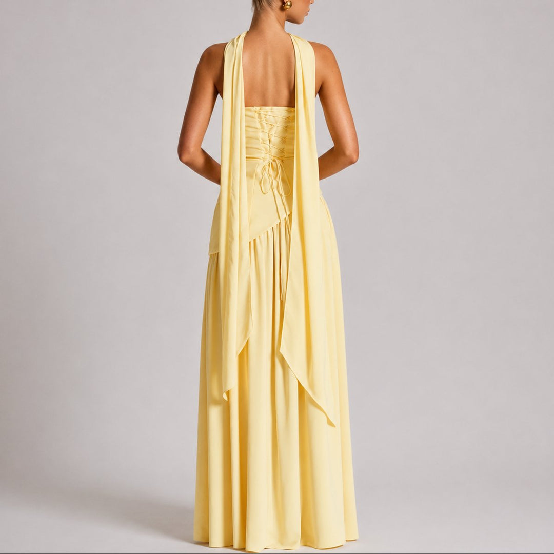Women's Strapless Open-Back Scarf-Neck Fall Wedding Guest Maxi Dress