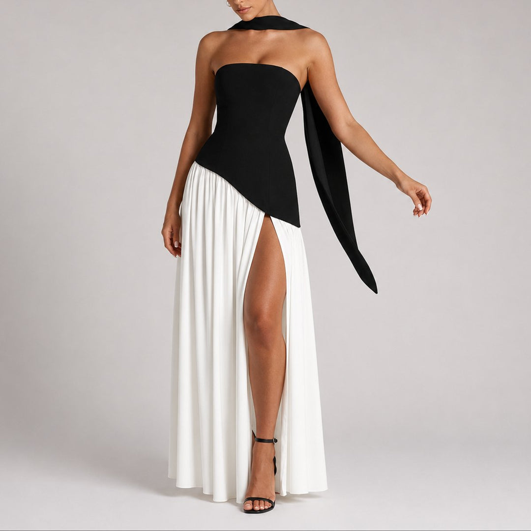 Women's Strapless Open-Back Scarf-Neck Fall Wedding Guest Maxi Dress - White