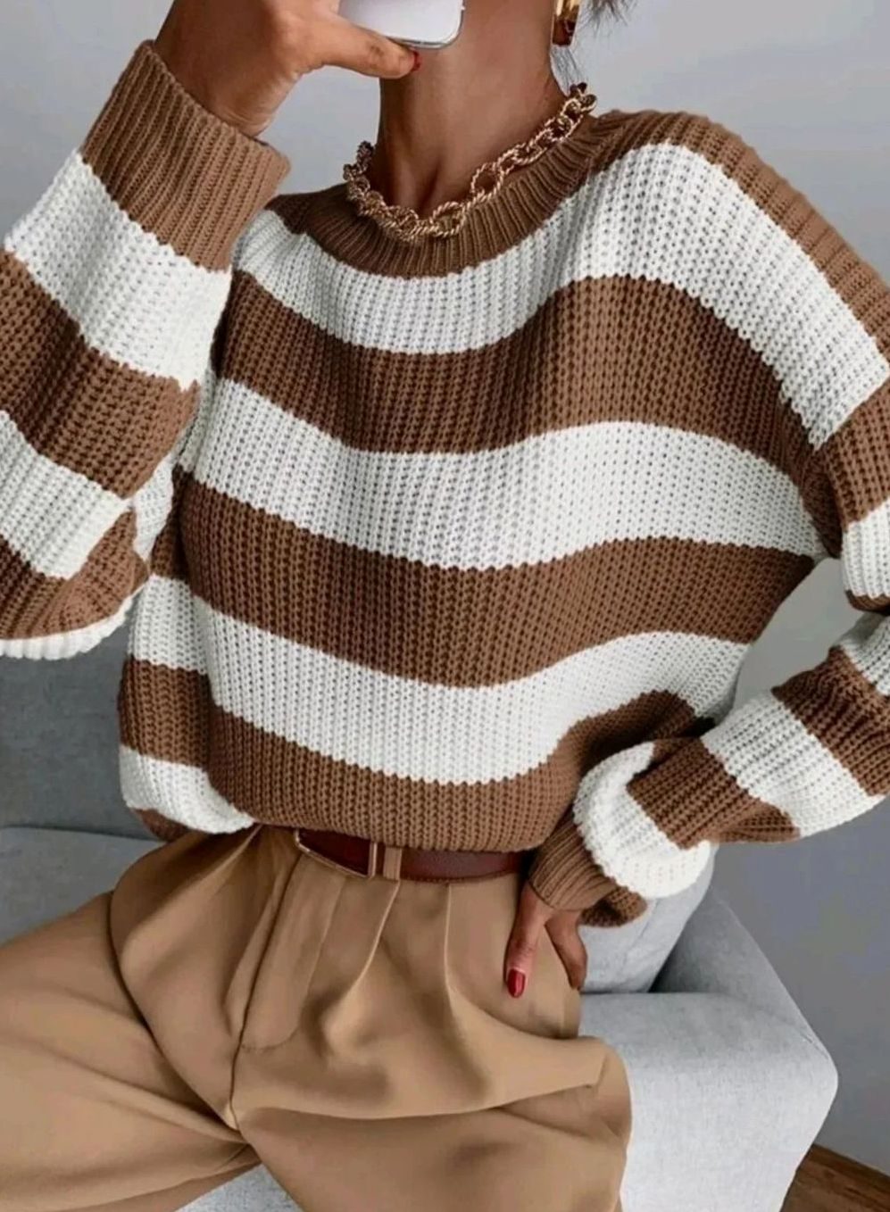 Women's Striped Cashmere Turtleneck Pullover Sweater - Brown