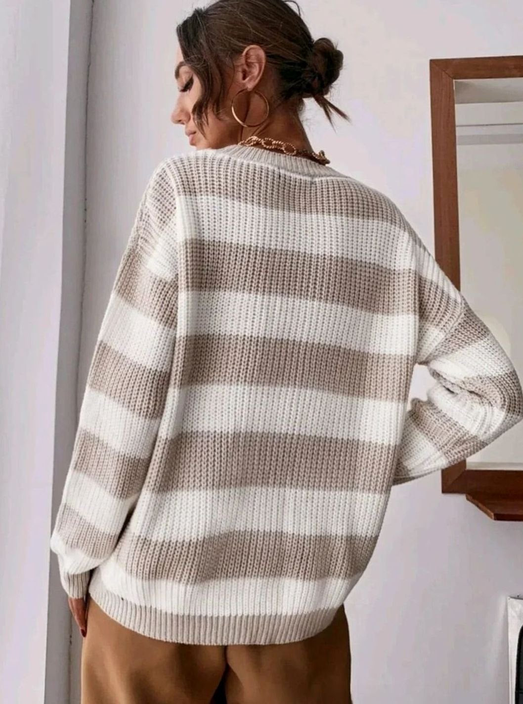 Women's Striped Cashmere Turtleneck Pullover Sweater - Apricot