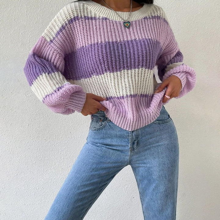 Women's Striped Chunky Knit Relaxed-Fit Pullover Sweater - Purple