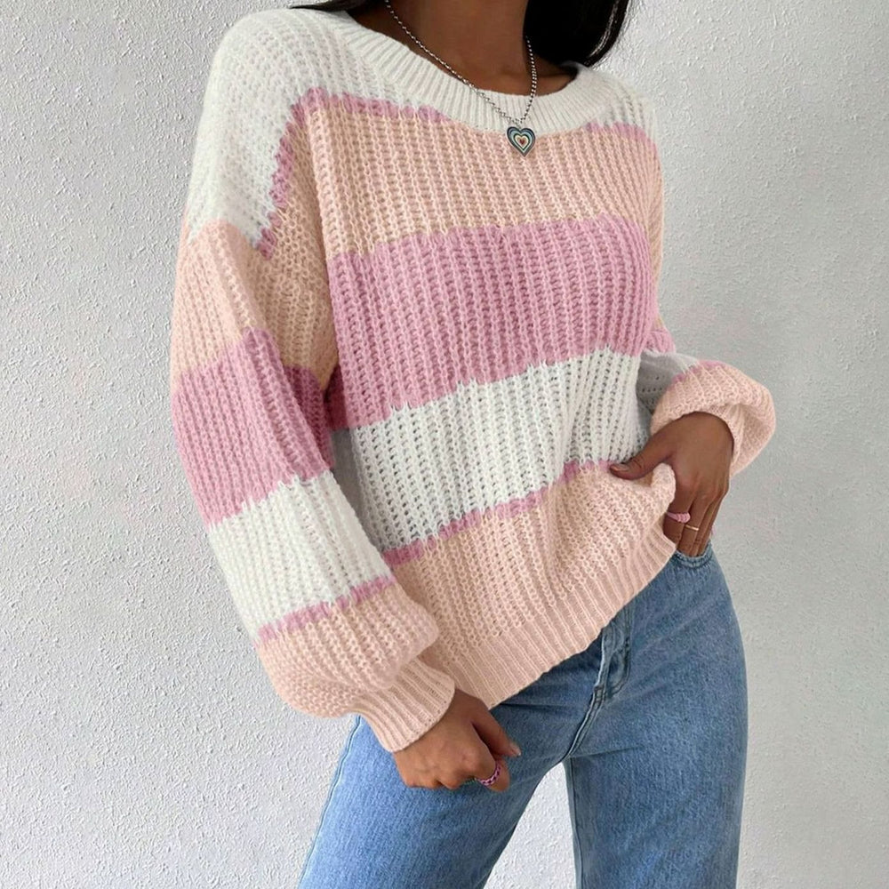Women's Striped Chunky Knit Relaxed-Fit Pullover Sweater - Pink