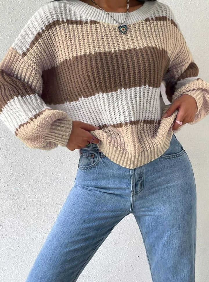 Women's Striped Chunky Knit Relaxed-Fit Pullover Sweater - Brown