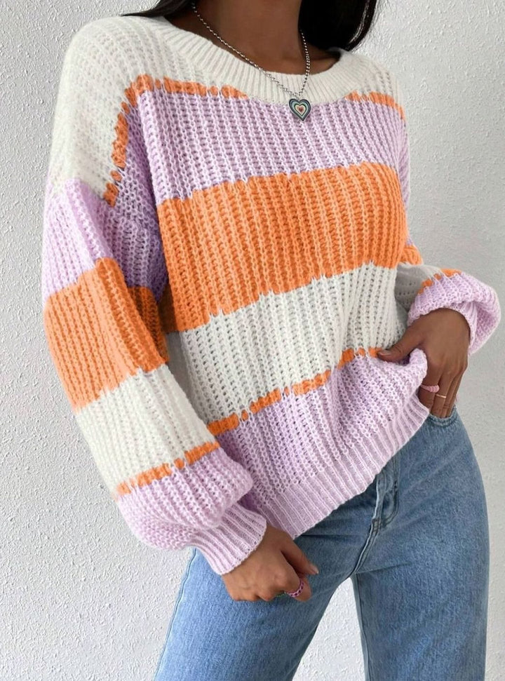 Women's Striped Chunky Knit Relaxed-Fit Pullover Sweater - Orange