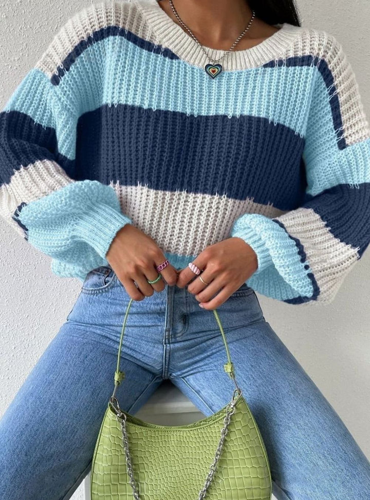 Women's Striped Chunky Knit Relaxed-Fit Pullover Sweater - Blue
