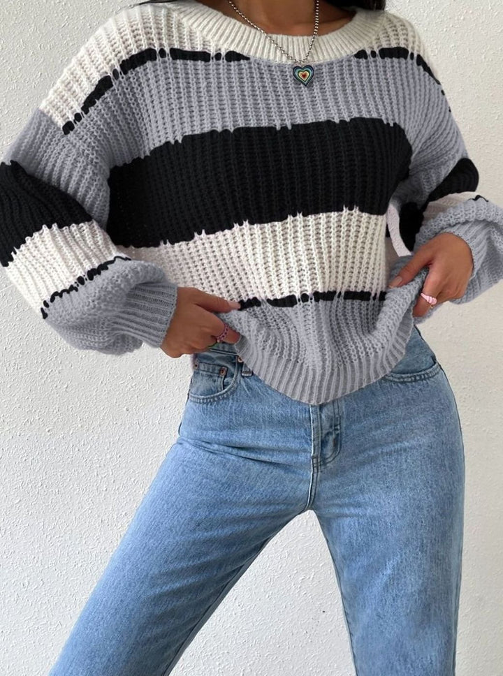 Women's Striped Chunky Knit Relaxed-Fit Pullover Sweater - Black