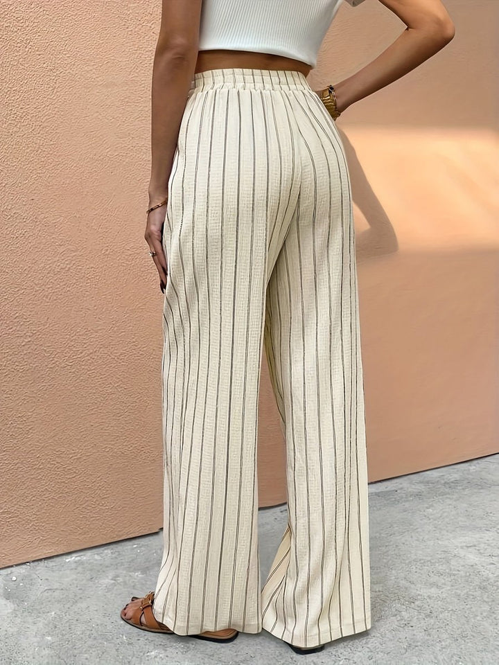 Women's Striped Linen Wide Leg Pants Drawstring High Waist