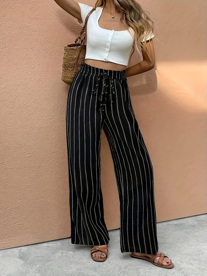 Women's Striped Linen Wide Leg Pants Drawstring High Waist - Black