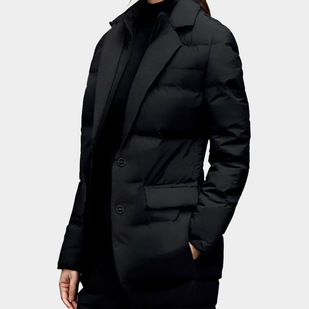 Women's Structured Blazer-Style Quilted Puffer Winter Jacket - Black