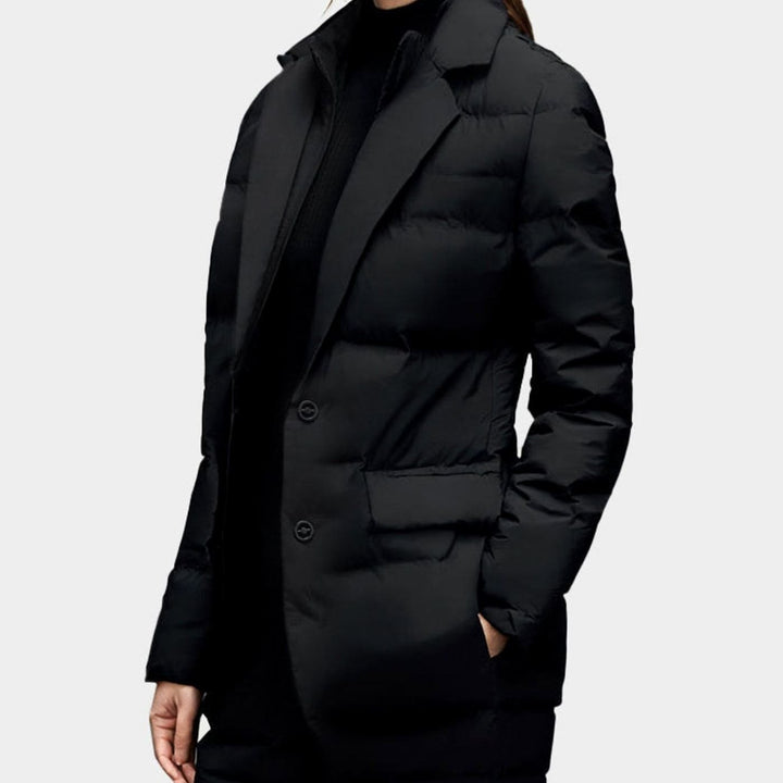 Women's Structured Blazer-Style Quilted Puffer Winter Jacket - Black
