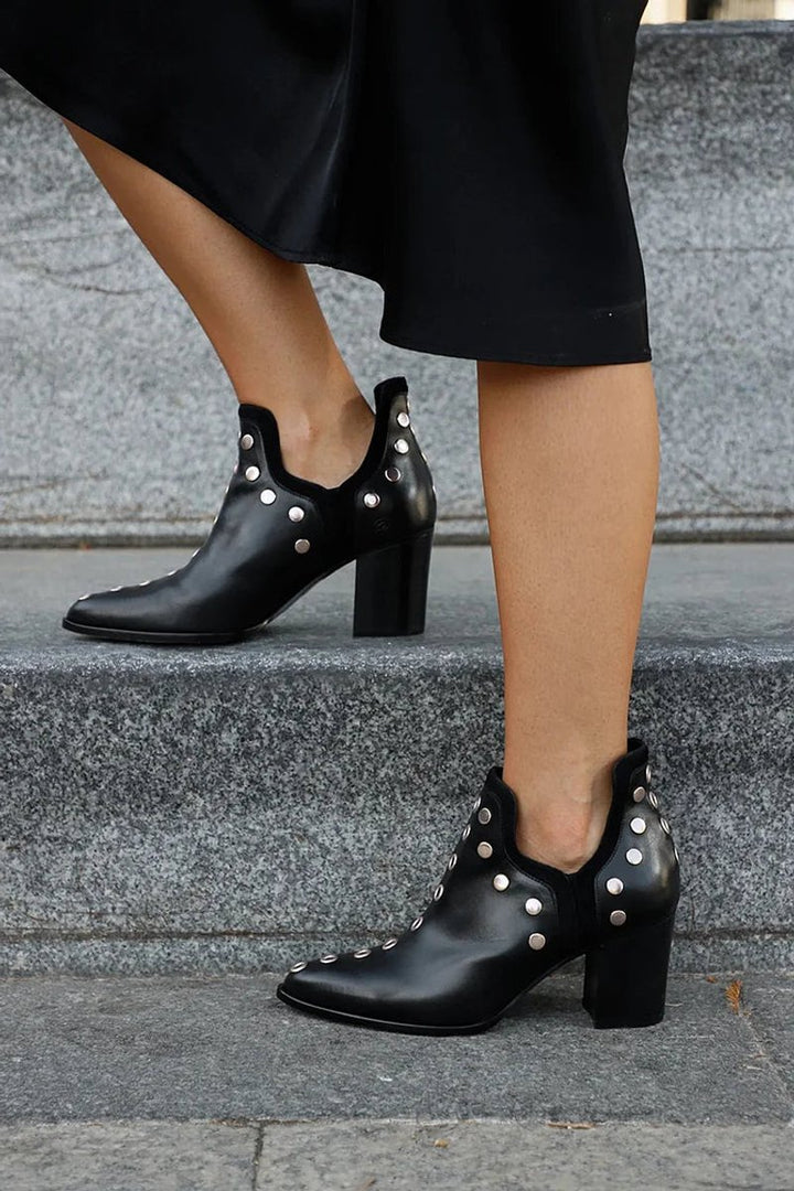 Women's Studded Block-Heel Pointed-Toe Black Ankle Boots